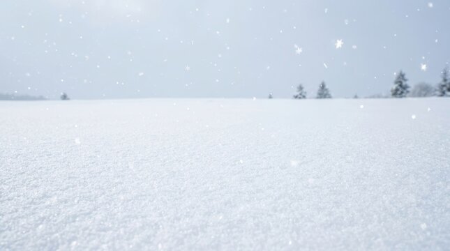Winter landscape with snowcovered field and distant pine trees under a light snowfall