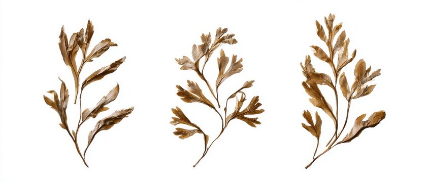 Pressed brown kelp fronds, minimalist marine botany flat lay, isolated on pure white background