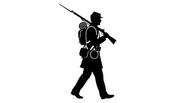 Silhouette of a soldier carrying a rifle and backpack on a white background