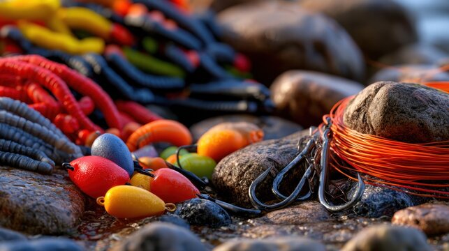 A vibrant collection of fishing lures and accessories scattered over smooth stones by the water's edge