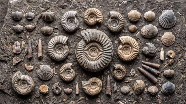 Collection of various prehistoric ammonite and seashell fossils arranged on a dark stone background.