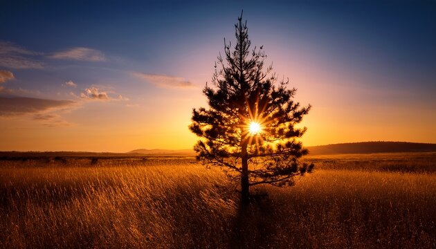 Silhouetted Pine Tree In A Field At Sunset With A Bright Sun In The Sky