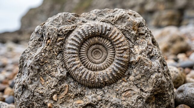 A well preserved ammonite fossil embedded in a rock on a beach.
