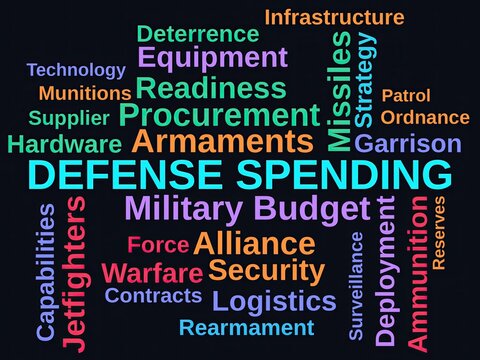 Defense Spending Word Cloud on a Dark Background