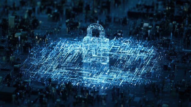 Abstract digital padlock icon on circuit board with blue data streams