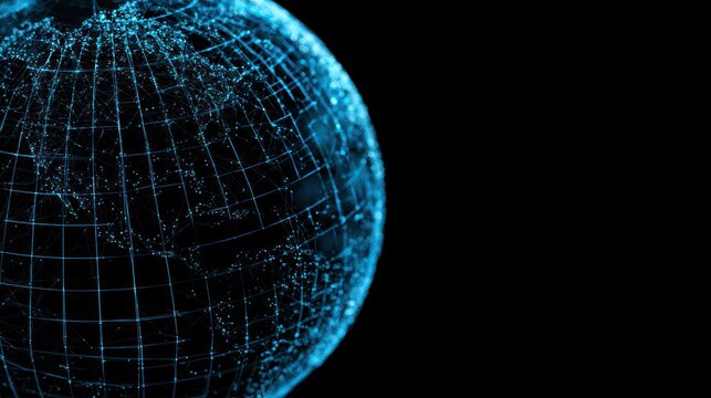Digital globe with glowing blue network lines on black background