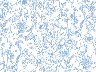 Seamless delicate wildflower pattern. Hand drawn light blue floral line art on white background. Vintage botanical toile textile design. © RDYD Studio