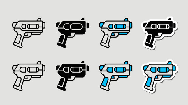 Laser Blaster Pistol Vector Icon Set in Outline Glyph and Sticker Styles