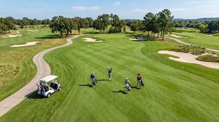 Obraz premium Aerial view of a group of golfers walking on a lush green golf course.