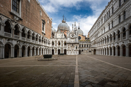 Palazzo Ducale courtyard, Venetian architecture, Basilica di San Marco on sunny day, Venice, Italy