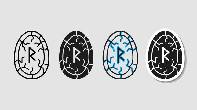 Vector presentation of rune stone icons with crack patterns and the Raidho rune, featuring outline, solid, blue glow, and sticker styles for mystical themes