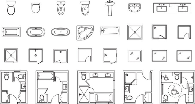 Bathroom floor plan design elements and layout templates for architectural planning and interior design projects