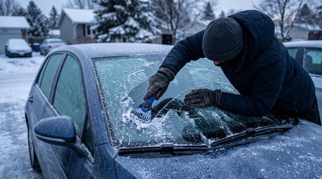 Person scraping ice and frost off a car windshield on a cold winter morning.