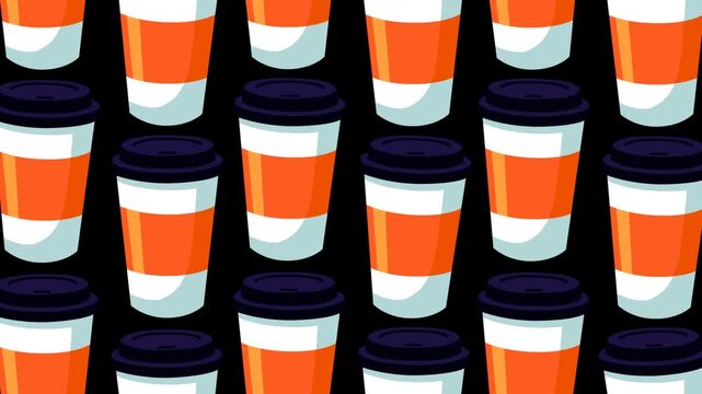 Seamless animated pattern of colorful takeaway coffee cups on a dark background
