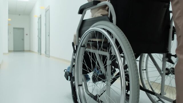 Female patient with reduced mobility receives professional medical support in clinic closeup. Wheelchair assistance improves healthcare accessibility