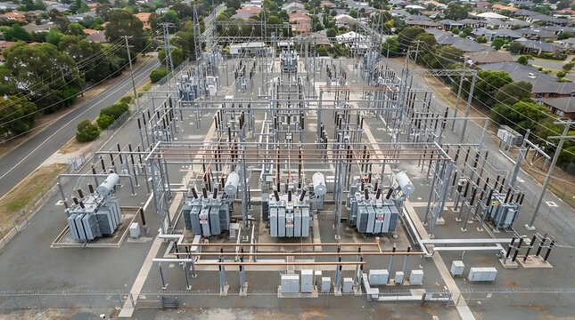 Aerial view of a large electrical power substation with transformers and high voltage lines in a city