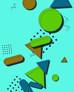 Abstract Retro Memphis Style Background with Vibrant Geometric Shapes and 80s Pattern on Cyan Base