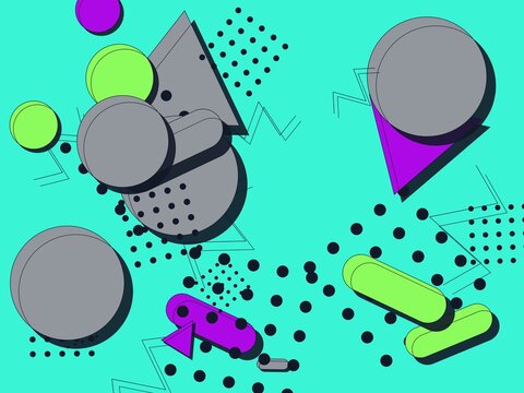 Retro Memphis geometric background featuring 80s style patterns and shapes on teal backdrop.