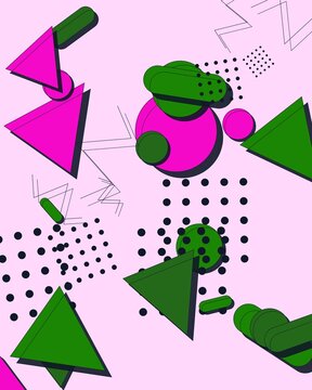 Vibrant Memphis Design Background with Abstract Geometric Shapes and Retro 80s Style Elements
