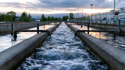 Obraz premium Water flows through concrete channels in a wastewater treatment facility during sunset with clouds and trees in background