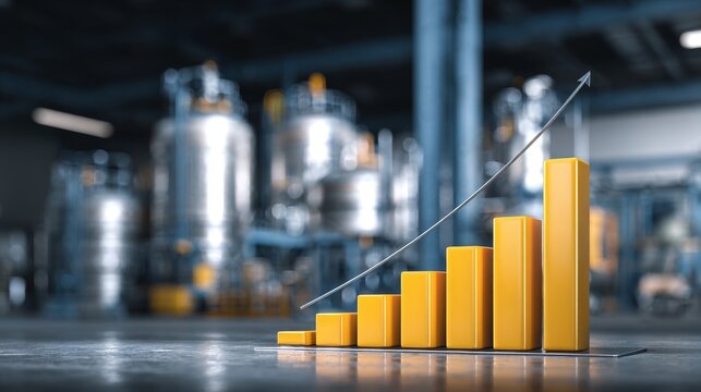 A yellow bar graph showing upward growth, set against a blurred industrial background of shiny tanks and pipes