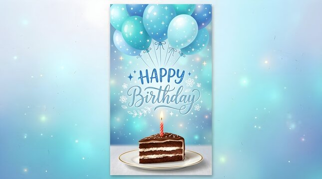 Elegant Blue Birthday Celebration Card with Balloons, Chocolate Cake and Glowing Candle
