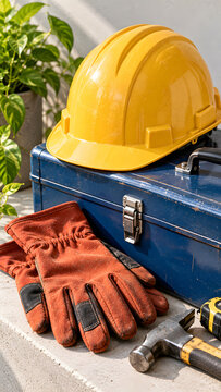 Yellow hard hat rests on a blue metal toolbox beside work gloves and hand tools, creating a compact construction safety setup for a Labor Day USA skilled trades and workforce theme.