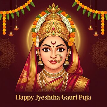 A beautiful illustration of a woman in traditional attire celebrating the auspicious jyeshtha gauri puja festival