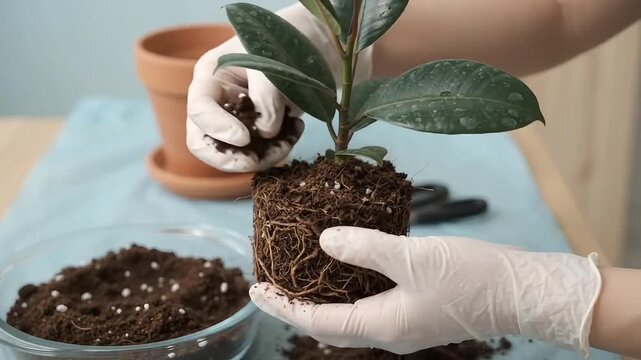 Hands in Gloves Holding Rubber Plant with Exposed Root Ball for Repotting at Home