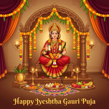 A beautiful illustration of goddess gauri sitting on a throne decorated with marigold garlands for jyeshtha gauri puja