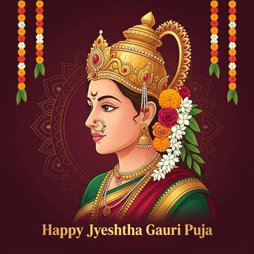 Illustrated portrait of goddess gauri adorned in traditional indian jewelry with decorated flowers traditional festival