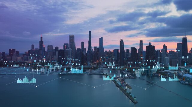 Smart city skyline of Chicago showing futuristic financial data, stock market infographics, business analytics, big data visualization over urban landscape