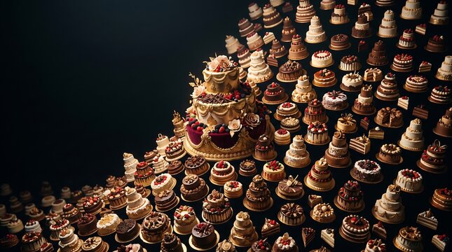 A beautiful assortment of intricately decorated cakes, ranging from small individual treats to a grand, multi-tiered centerpiece, are arranged on a dark surface.
