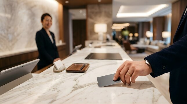 Guest checking in at luxury hotel reception desk with key card