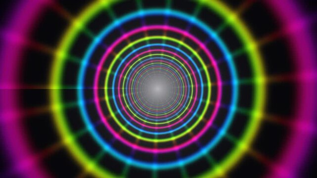 Neon glowing circles tunnel abstract background, hypnotic infinite motion loop, colorful light rings travel effect for digital presentations