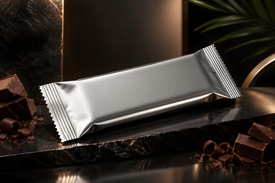 Luxury chocolate bar in silver wrapper with dark chocolate background