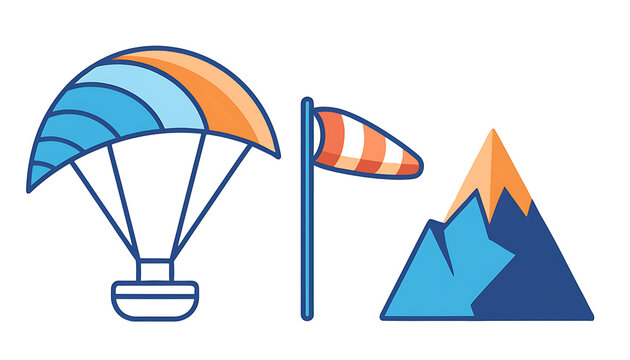Vector illustration set of extreme sports elements including a paraglider, a windsock, and a mountain peak for outdoor adventure and travel concepts.
