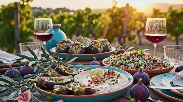 Elegant Mediterranean Mezze Platter and Wine at Sunset in Vineyard