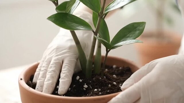 Close-up of Hands in White Gloves Potting a Zamioculcas Zamiifolia ZZ Plant in Terracotta Pot