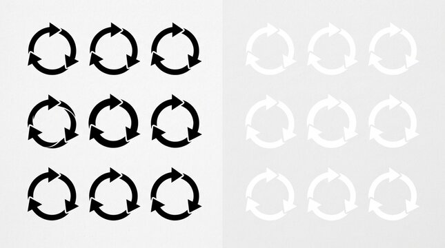 Circular refresh icon collection featuring three curved arrows forming continuous loops, bold black and white versions, clean geometric shapes, minimal flat vector design.