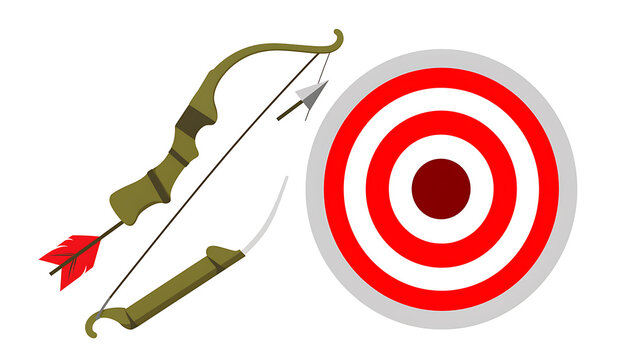 Vector illustration of an archery set with a bow, arrow, and a red and white bullseye target for sport and accuracy concepts.

