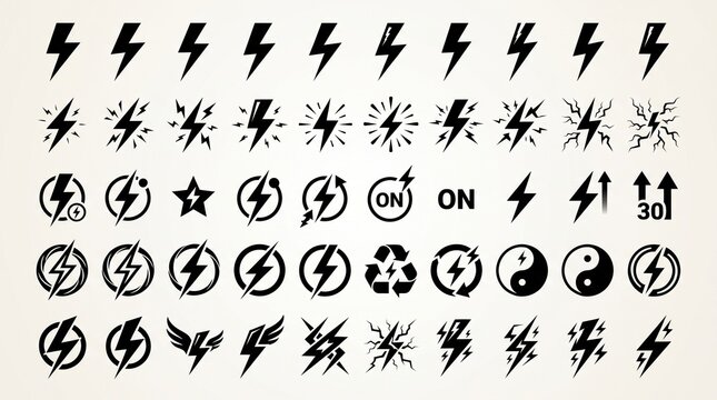 Lightning bolt icon collection featuring various sharp electric symbols, energy flashes, thunder marks, power indicators, and circular lightning designs in bold black vector style.