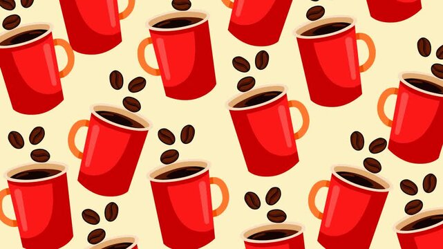 Bright red coffee cups and scattered coffee beans create a playful seamless pattern animation