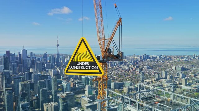 Under construction sign infographic hanging from crane over metropolitan skyline with urban development project showing financial data and business information