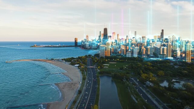 Chicago smart city with data streams and communication networks connecting skyscrapers along Lake Michigan, big data, artificial intelligence and global business