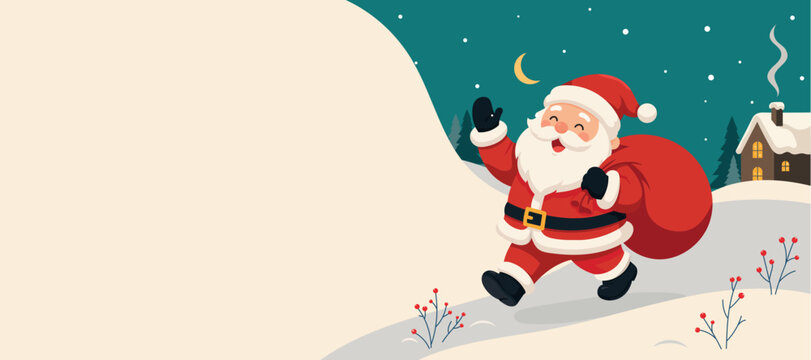 Santa Claus Walking in Winter Christmas Landscape. Vector illustration 