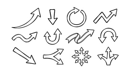 Fototapeta premium Chalk Style Hand Drawn Arrow Sketch Collection Curved Directional Line Vector Elements