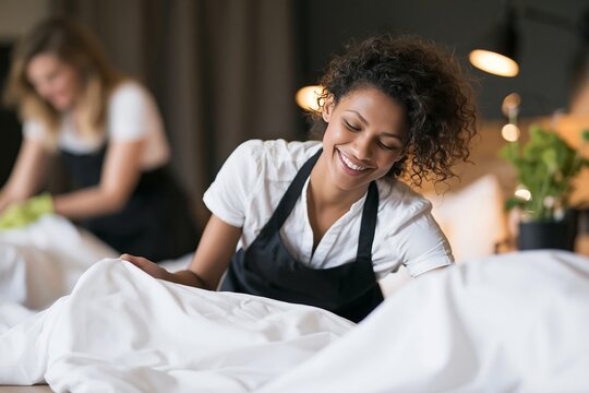 Smiling hotel housekeeper making a bed with crisp white linens in a brightly lit guest room