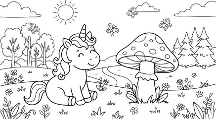 Fototapeta premium A delightful unicorn coloring page featuring a majestic creature in a whimsical forest landscape perfect for creative expression