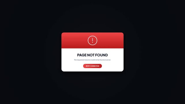 System error message pop-up. Modern web interface animation. Server connection status check. HTTP 404 page not found alert. Dark background. UI dialog window element. Technical issue notification. 4K